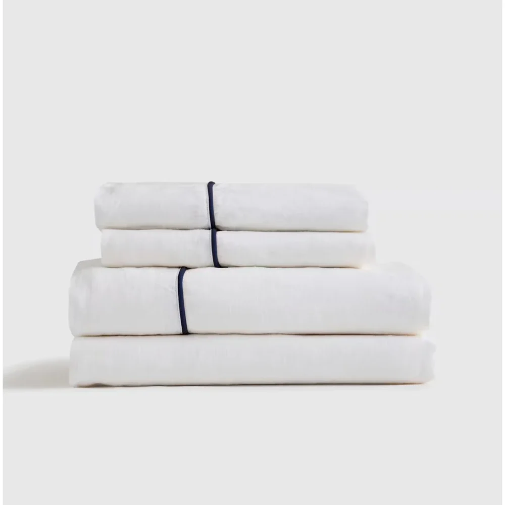 Quince European Linen Piped Sheet Set Queen Size White/Navy 4 Piece